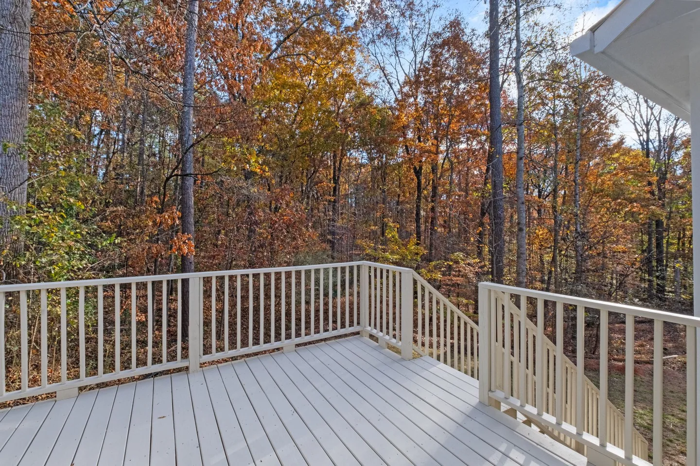 Wood deck and railing with a wooded view