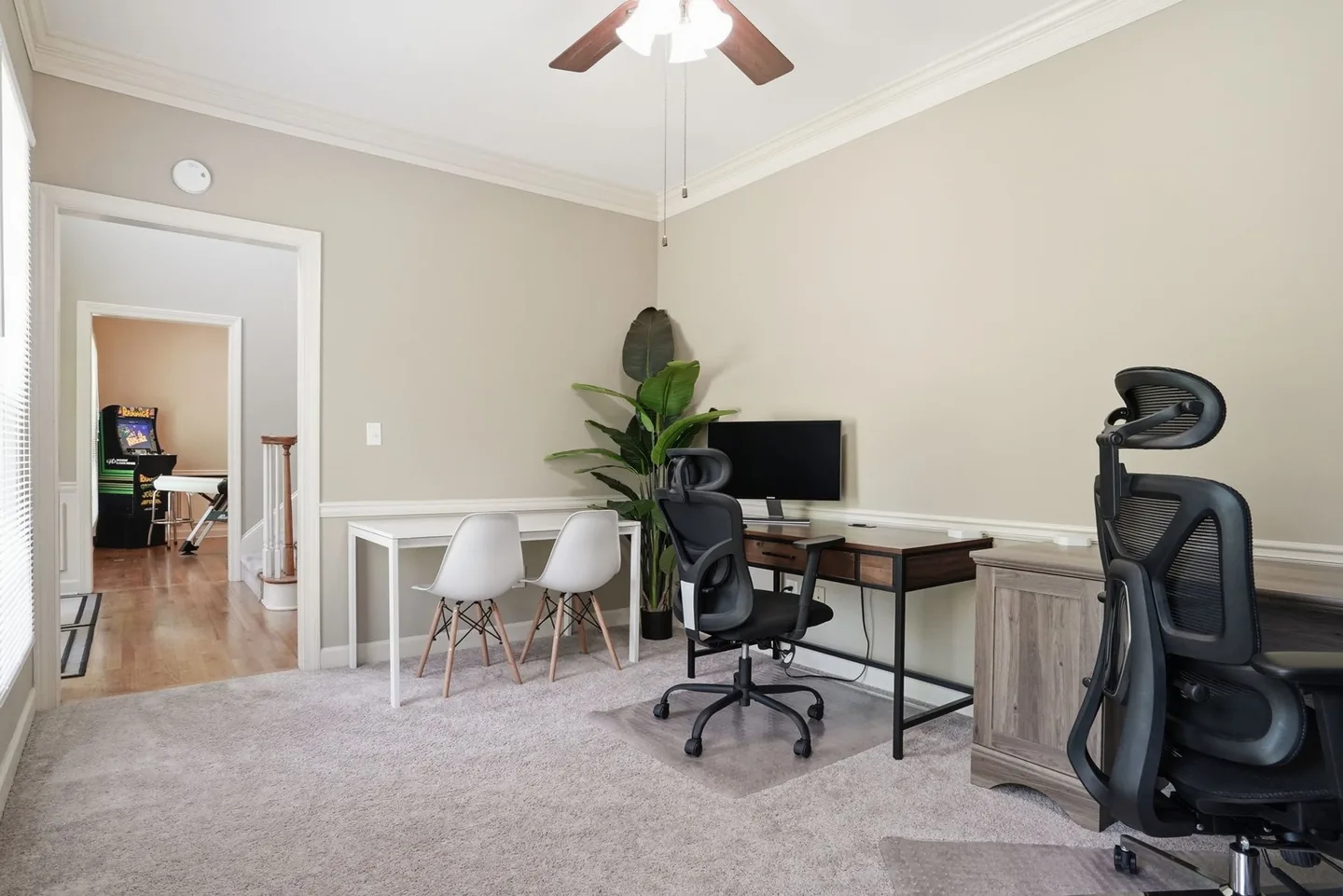 Dedicated home office with desk and chair